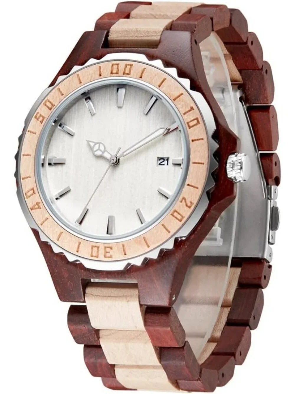 Mens Brown White Classic Handmade Skeletonized Bamboo Analog Quartz Wooden Watch